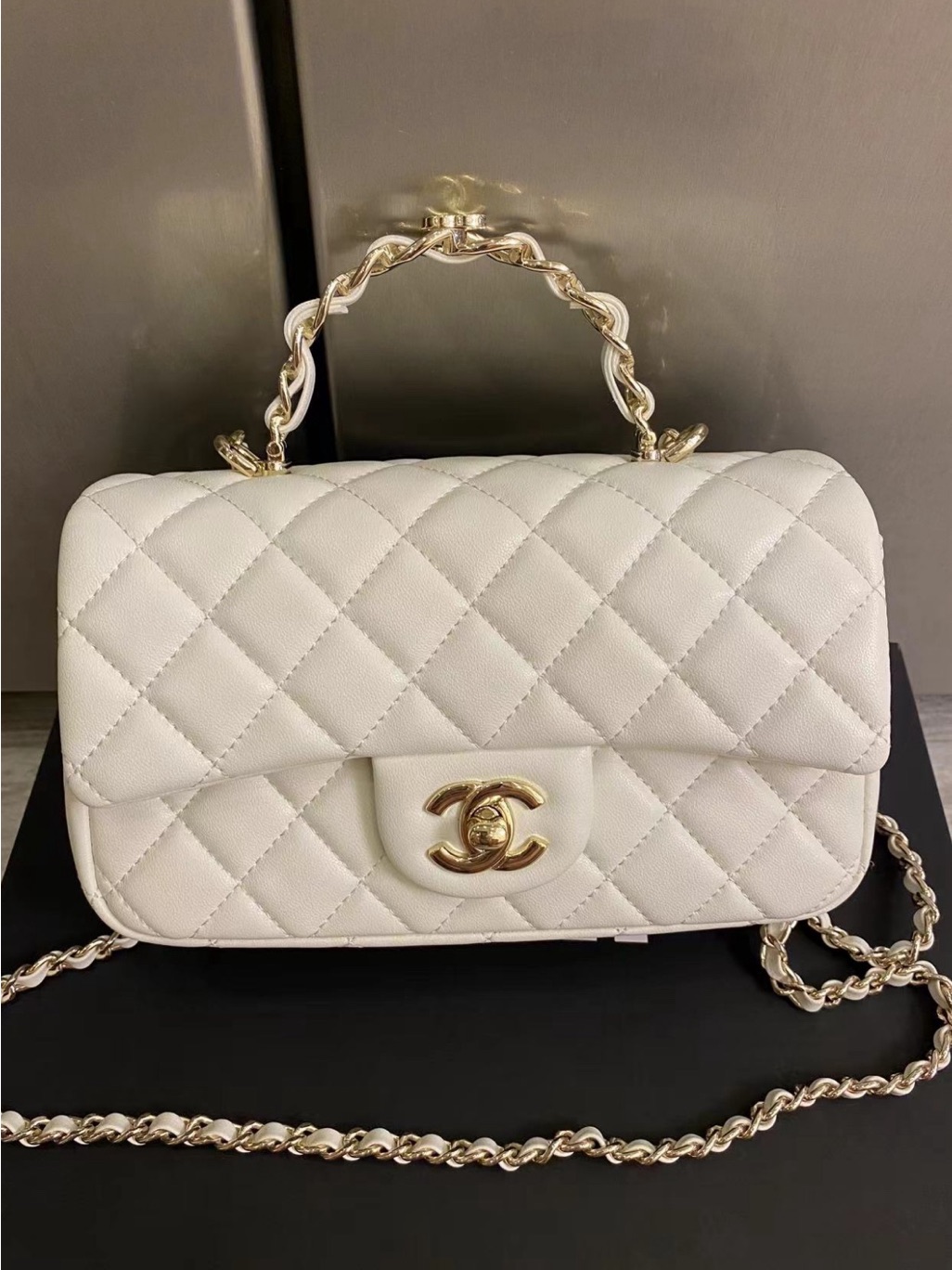 Chanel White Quilted Leather Top-Handle Crossbody With Gold Hardware